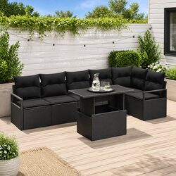 Outdoor Garden Sofa Set 7pcs Black Poly Rattan Furniture with Cushions