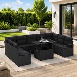 Modular Garden Sofa Set 10 Pieces Black Outdoor Furniture with Storage Table