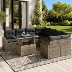 Garden Sofa Set Modular Outdoor Furniture 9 pcs Grey Poly Rattan Sectional