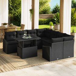 Modular Garden Sofa Set 9 pcs Outdoor Furniture Black Poly Rattan with Glass