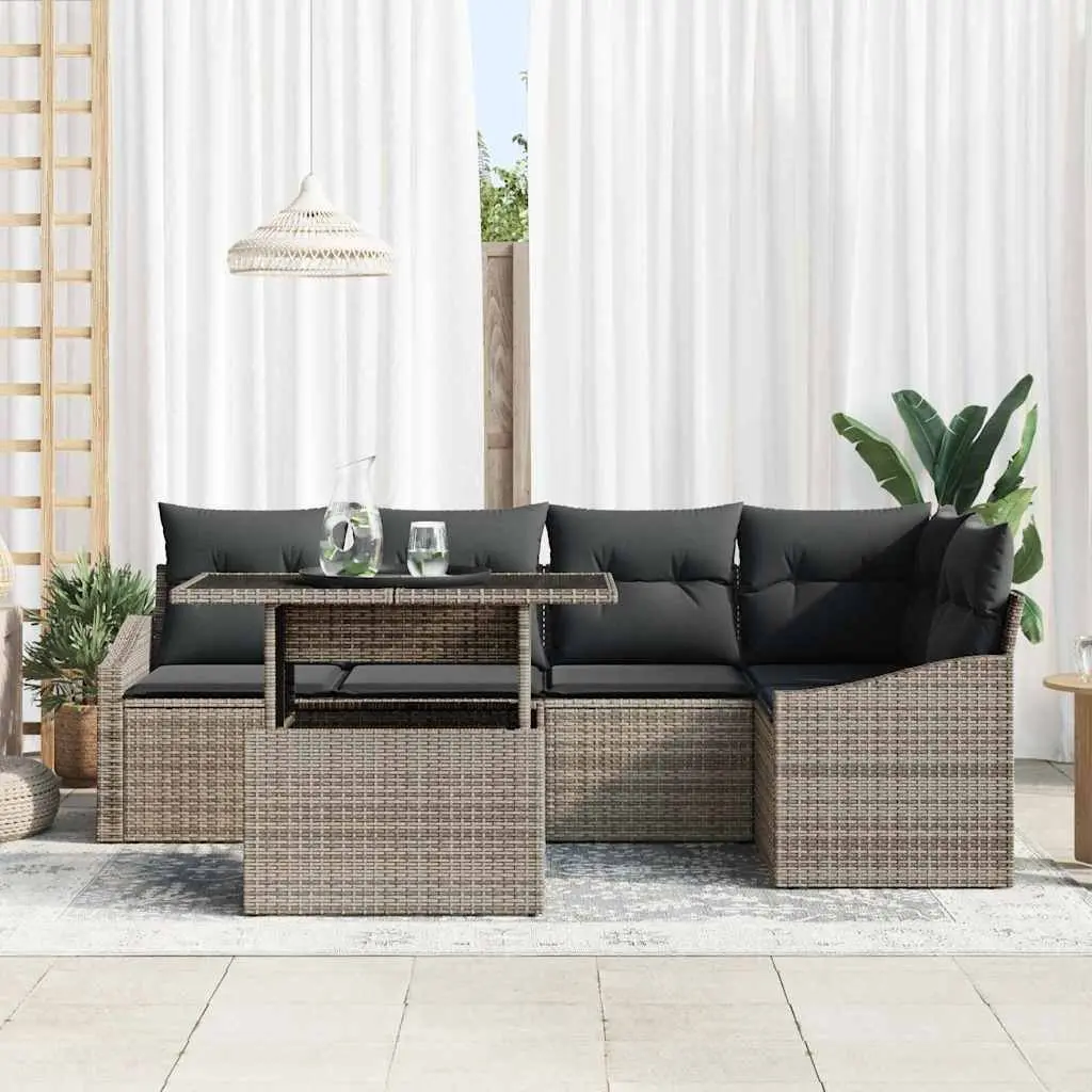 Outdoor Garden Sofa Set Modular 6 Piece Poly Rattan Grey with Glass Table