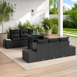 Outdoor Garden Sofa Set 7 Pieces Black Poly Rattan Steel Frame Patio Seating