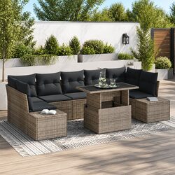 Outdoor Garden Sofa Set 8 Pieces Grey Poly Rattan Steel Frame Patio Seating