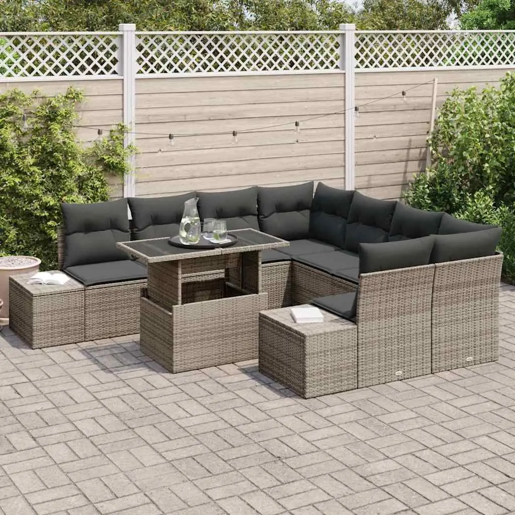 Garden Sofa Set Modular Outdoor Seating 9 Piece Grey Poly Rattan with Cushions