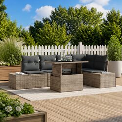 Garden Sofa Set 6 Pieces Grey Poly Rattan Outdoor Furniture with Storage Bench