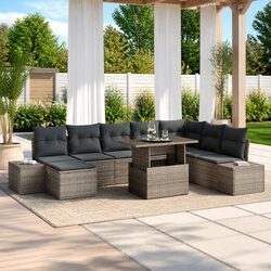 Garden Sofa Set 9 Piece Grey Poly Rattan Outdoor Furniture with Storage Table
