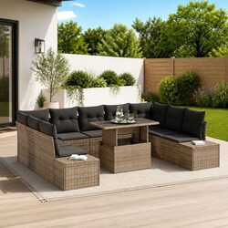 Garden Sofa Set 10 Pcs Grey Poly Rattan Outdoor Furniture with Storage Benches