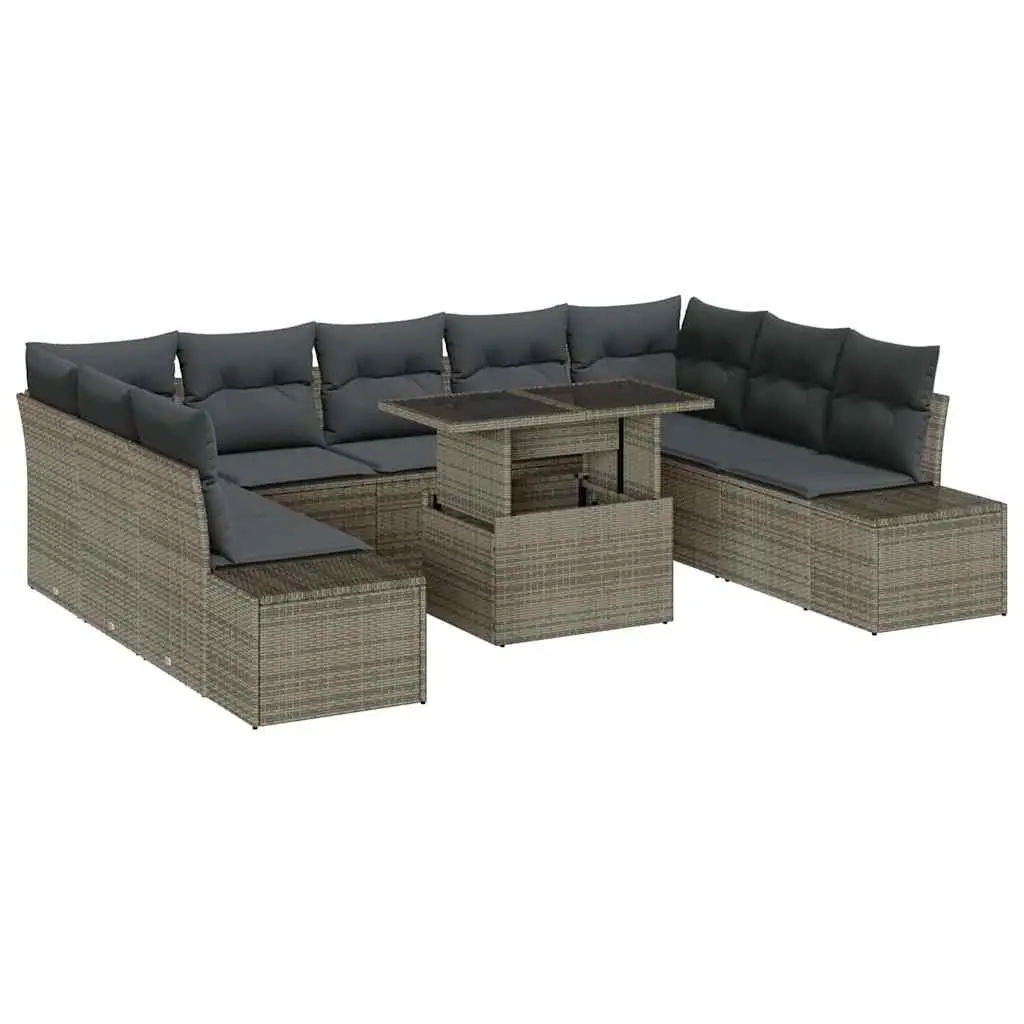 Garden Sofa Set 10 Piece Grey Poly Rattan Outdoor Furniture with Storage Benches