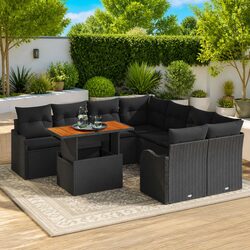 Garden Sofa Set 9-Piece Outdoor Furniture Black Poly Rattan Modular Lounge with