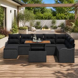 Outdoor Garden Sofa Set 9 Pcs Modular Rattan Furniture with Storage Black