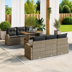 Garden Sofa Set 7 pcs Grey Poly Rattan Outdoor Furniture with Storage Armrests