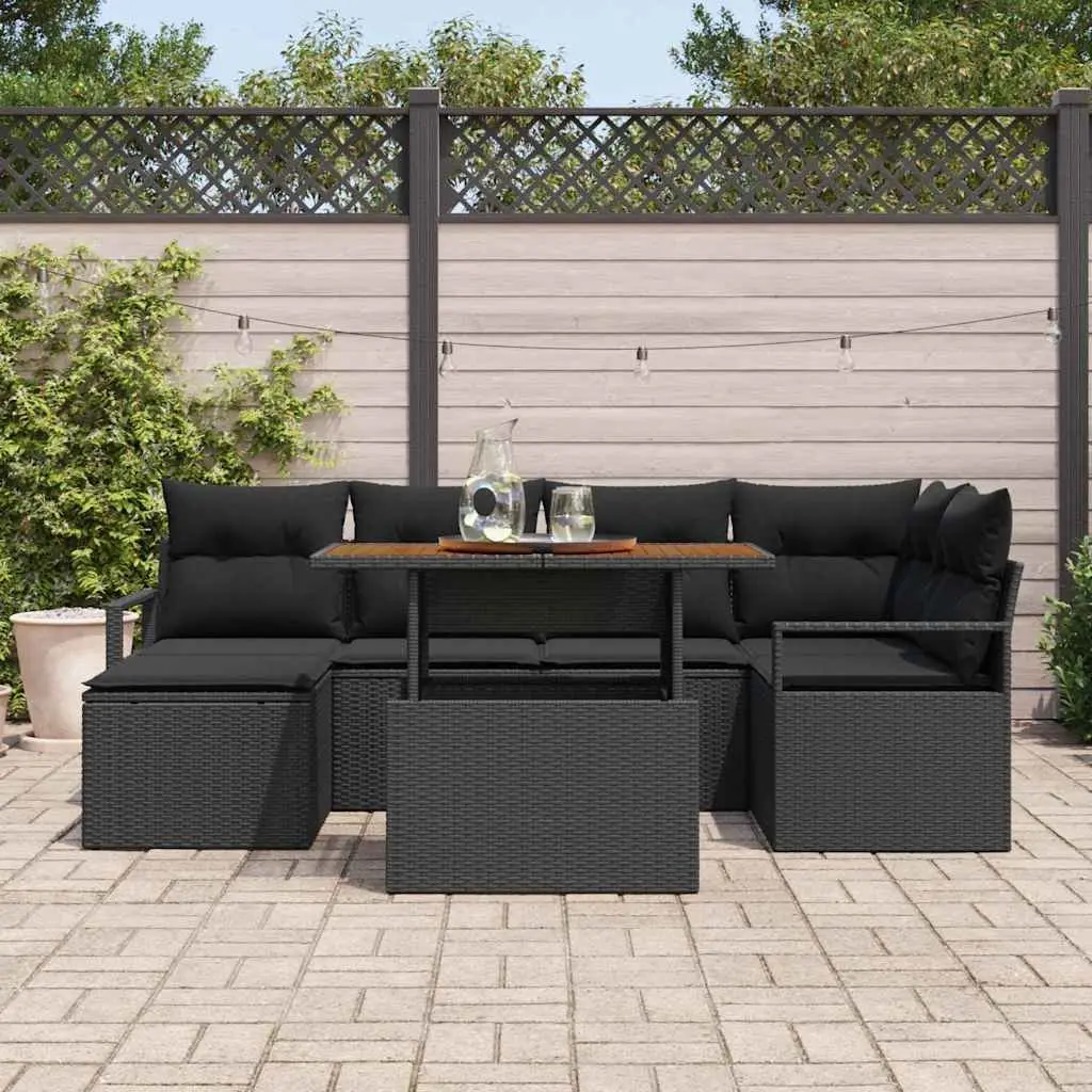 Garden Sofa Set 7 Piece Outdoor Furniture Black Poly Rattan Modular Lounge with