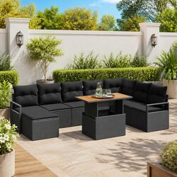 Outdoor Garden Sofa Set 9 Pieces Black Poly Rattan Modular Lounge Furniture
