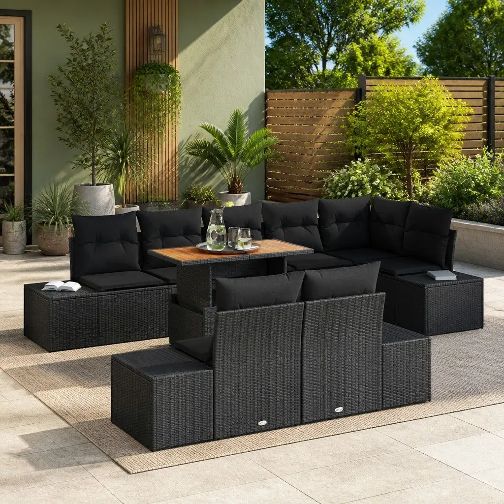 Garden Sofa Set Modular Rattan Lounge 9 Piece Black Outdoor Furniture with Storage