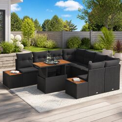 Outdoor Garden Sofa Set 9 Piece Black Poly Rattan Furniture with Storage