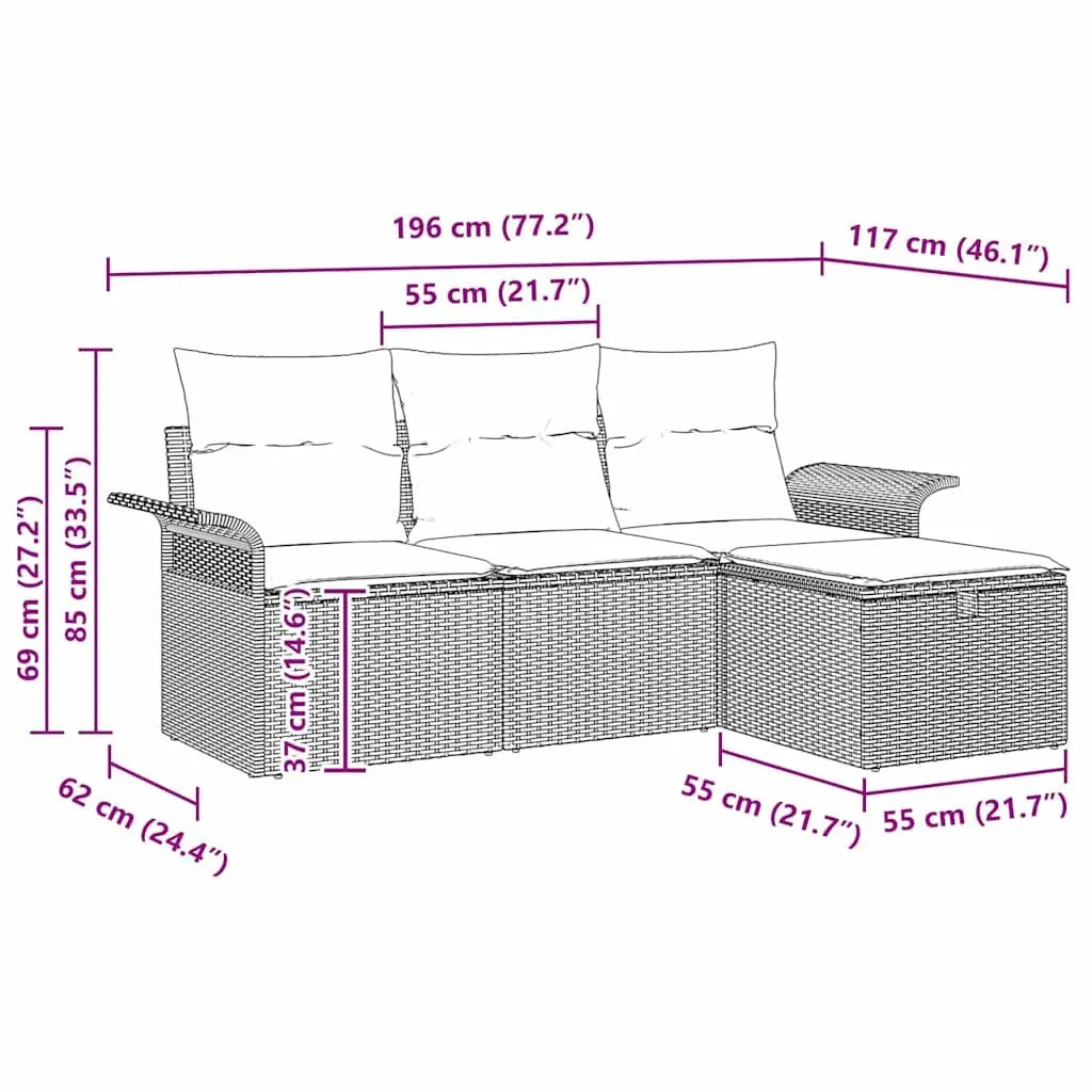 Modular Garden Sofa Set 4 Pieces Grey Poly Rattan Weather Resistant