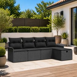 Outdoor Garden Sofa Set 5 Piece Black Poly Rattan Furniture with Cushions