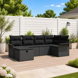 Outdoor Garden Sofa Set 6 Piece Black Poly Rattan with Cushions Modern Patio