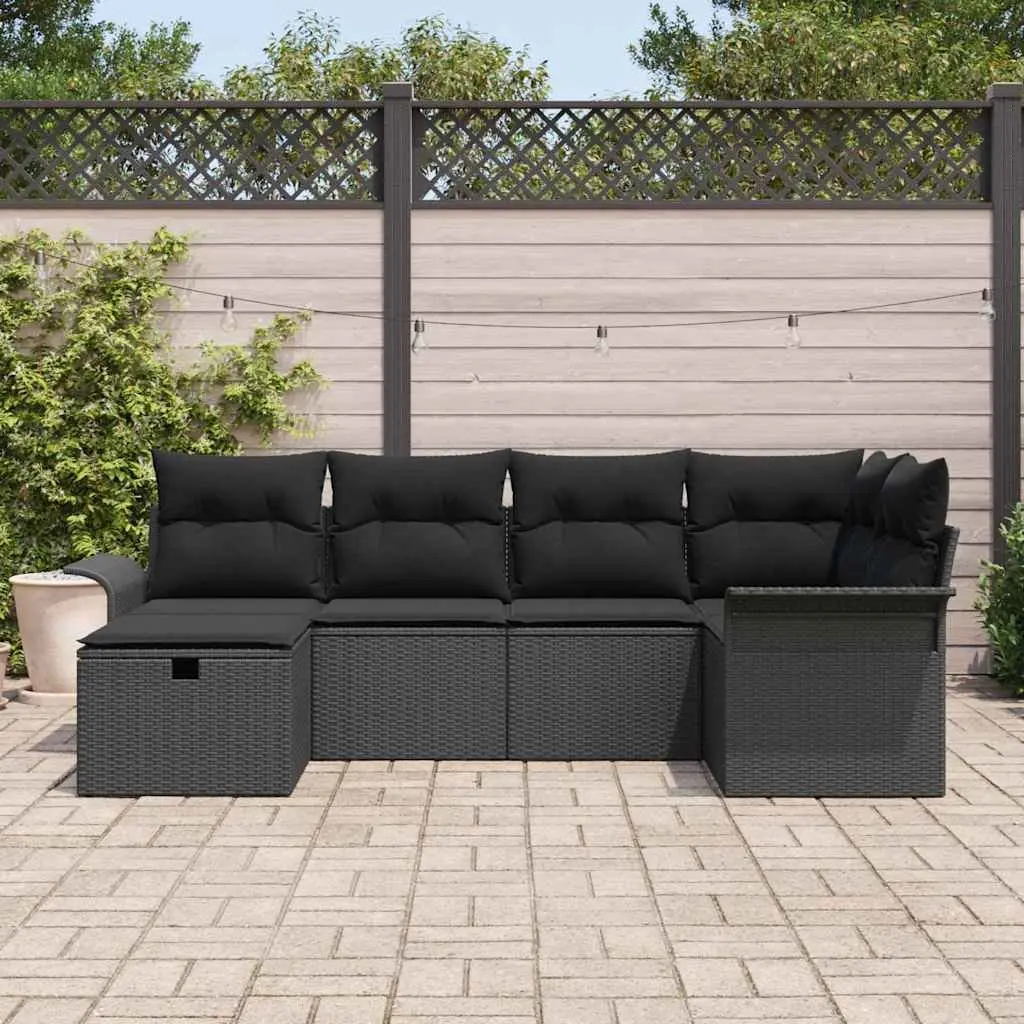 Outdoor Garden Sofa Set 6 Piece Black Poly Rattan with Cushions Modern Patio