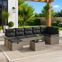 Garden Sofa Set 8pcs Modular Outdoor Seating Grey Poly Rattan Patio Furniture