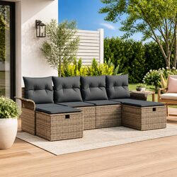 Garden Sofa Set 6 Pieces Grey Poly Rattan Outdoor Patio Furniture with Cushions