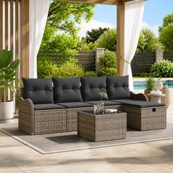 Modular Garden Sofa Set 6 Pieces Grey Poly Rattan Outdoor Seating Patio