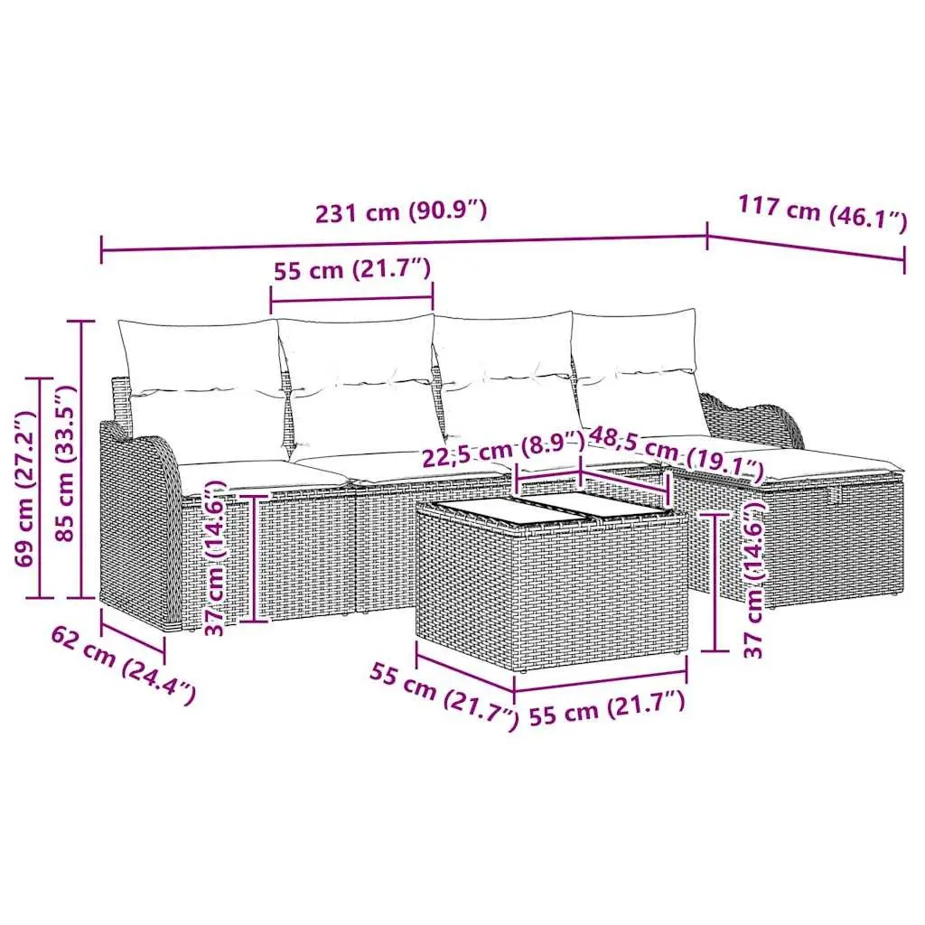 Modular Outdoor Garden Sofa Set 6 Piece Black Poly Rattan Furniture