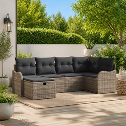 Outdoor Garden Sofa Set 6 Piece Modular Grey Poly Rattan with Cushions