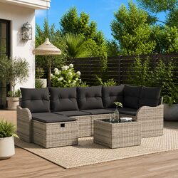 Garden Sofa Set Modular 7 pcs Grey Poly Rattan Outdoor Seating Cushions Patio