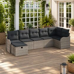 Outdoor Sofa Set 7 Pieces Grey Poly Rattan Garden Furniture with Storage