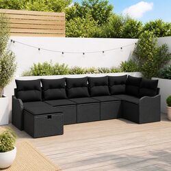 Outdoor Sofa Set 7 Pieces Black Poly Rattan Garden Seating with Storage Cushions