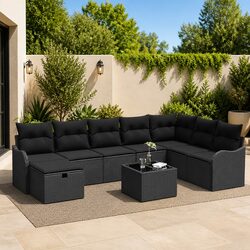 Outdoor Sofa Set Black Poly Rattan Garden Furniture with Storage Cushioned