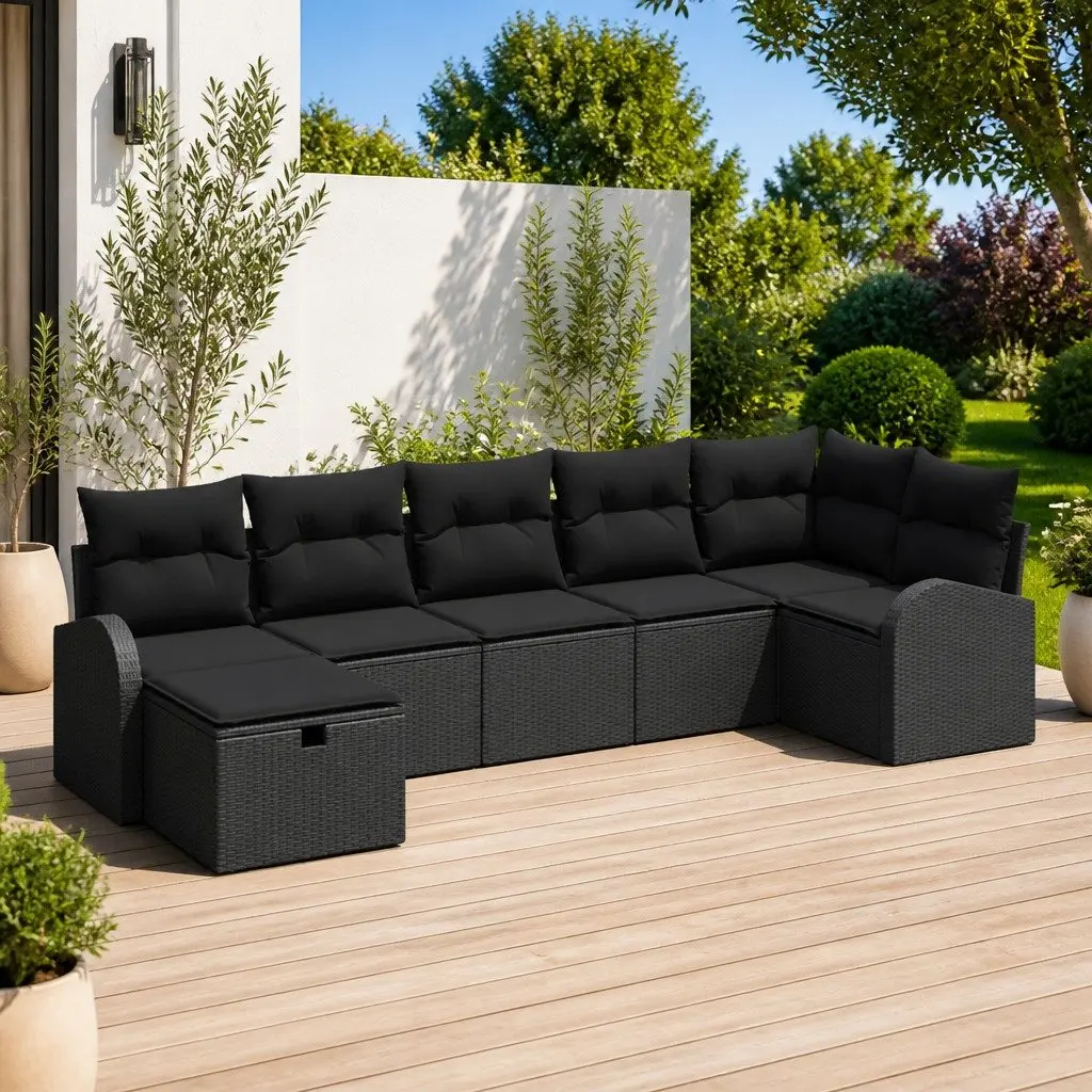 Outdoor Sofa Set 7 Piece Black Poly Rattan with Storage Compartments