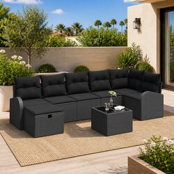 Outdoor Garden Sofa Set 8 Pieces Black Poly Rattan with Storage Bench Ottoman