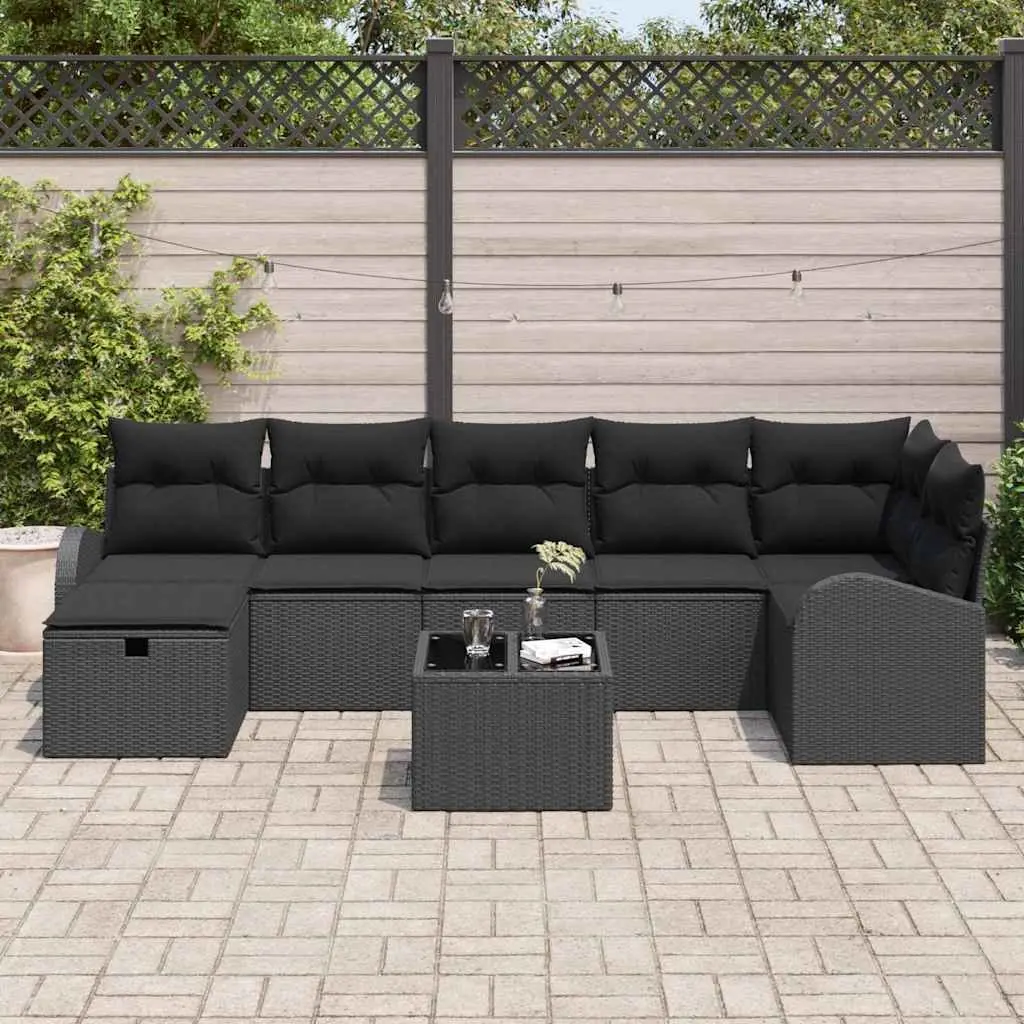 Outdoor Garden Sofa Set 8 Pieces Black Poly Rattan with Storage Compartments