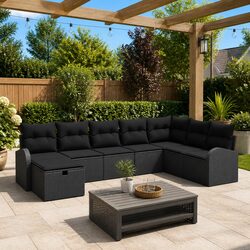 Outdoor Sofa Set with Storage Poly Rattan Garden Patio Furniture Black Manual