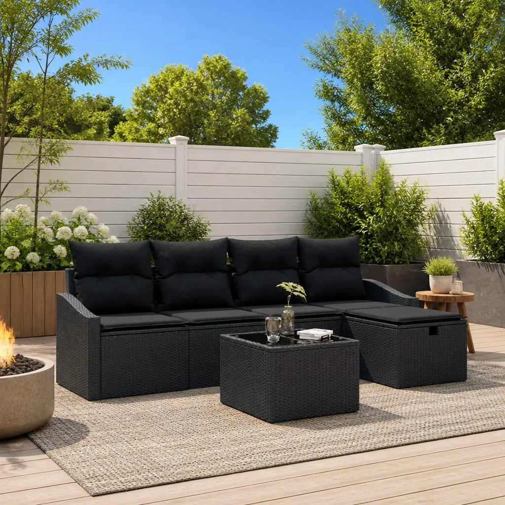 Outdoor Sofa Set 6 Piece Modular Garden Furniture with Storage Black Poly Rattan
