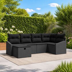 Outdoor Garden Sofa Set 6 Pieces Black Poly Rattan Modular Patio Furniture with