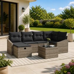 Outdoor Sofa Set with Storage Grey Poly Rattan Garden Furniture Modular Seating