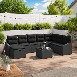Outdoor Garden Sofa Set 9 Pieces Modular Black Poly Rattan Lounge Furniture