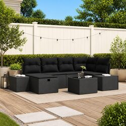 Garden Sofa Set 7 Pcs Black Poly Rattan Modular Outdoor Furniture with Cushions