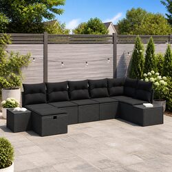 Garden Sofa Set 7 Piece Outdoor Furniture Black Poly Rattan with Cushions