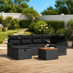 Garden Sofa Set 7 Piece Outdoor Furniture Black Poly Rattan with Cushions