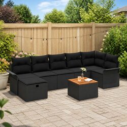 Garden Sofa Set 8 Piece Black Poly Rattan Outdoor Furniture with Cushions