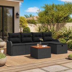 Outdoor Garden Sofa Set 6 Piece Black Poly Rattan Modular Patio Furniture with