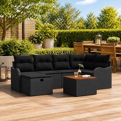 Garden Sofa Set 7 Pieces Black Poly Rattan Outdoor Furniture with Cushions