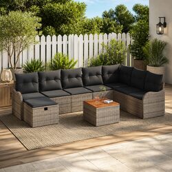 Garden Sofa Set 9 pcs Outdoor Furniture Grey Poly Rattan Modular Patio Lounge