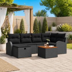 7 Piece Garden Sofa Set Black Poly Rattan Outdoor Furniture Lounge with Cushions