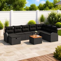 Garden Sofa Set 9 Pieces Black Poly Rattan Outdoor Furniture with Cushions