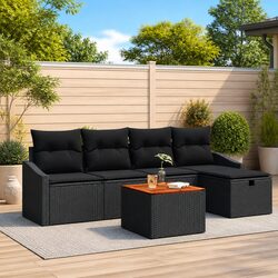 Outdoor Garden Sofa Set 6-Piece Furniture with Cushions Black Rattan Patio